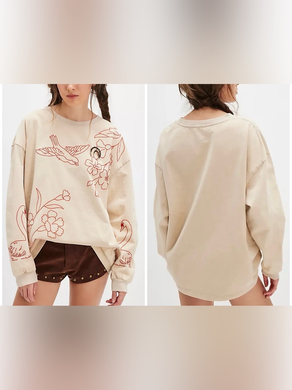 NWOT Free People Denim and Bone Swan Doodle Embroidered Tee - cream red - XS